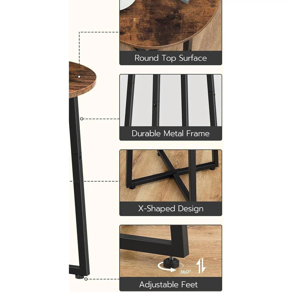 Industrial Round End Table, Small Bedside Nightstand with X‑Shaped Metal Frame, Multifunctional Accent Side Table, Plant Stand for Living Room, Bedroom & Hallway