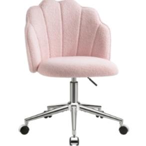 Shell‑Shaped Teddy Fabric Vanity Chair, White & Pink 360° Swivel Height Adjustable Makeup Desk Chair with Silent Wheels, Padded Rolling Armchair for Bedroom Dressing Room Home Office