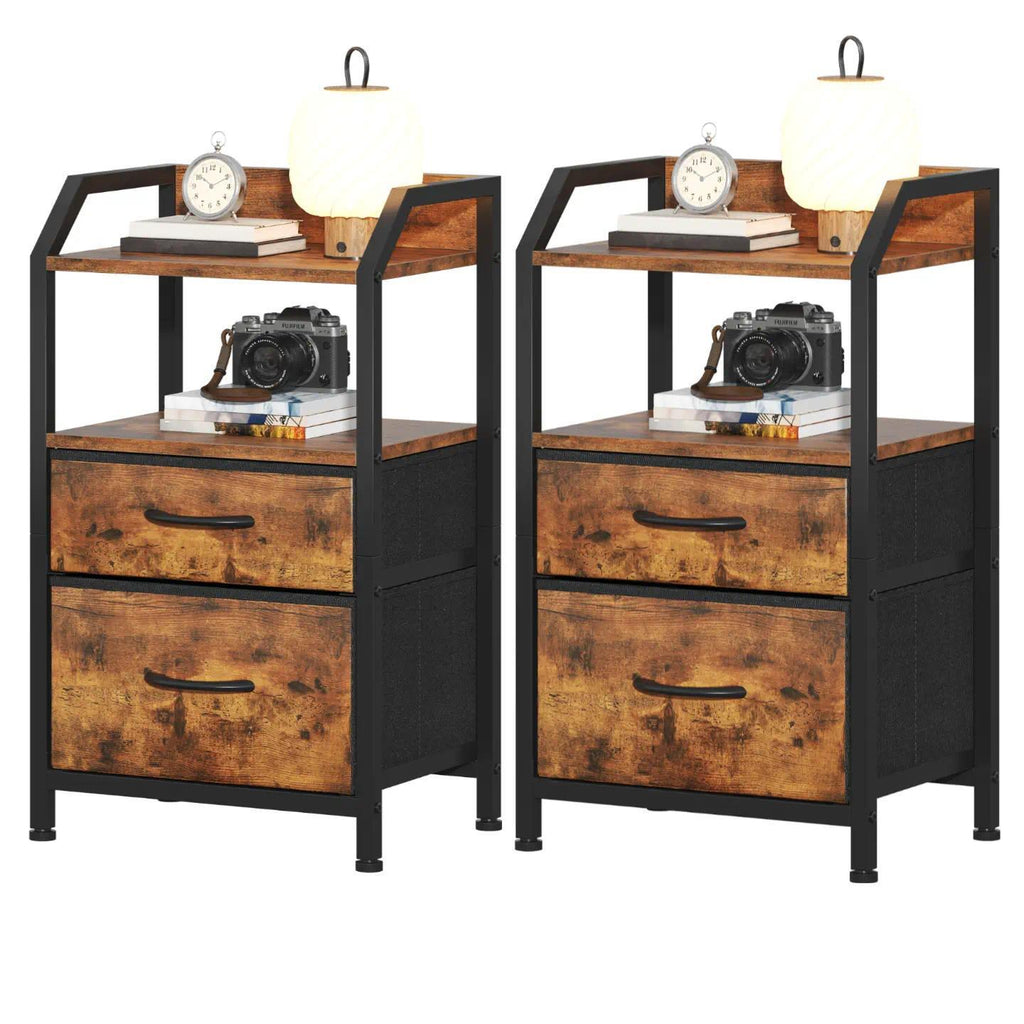 Set of 2 Rustic Industrial Nightstands, Wood and Metal Bedside Table with Drawers & 2 Open Storage Shelves, Multi-Purpose End Table Sofa Side Table, Bedside Organizer Cabinet for Bedroom Living Room Small Spaces