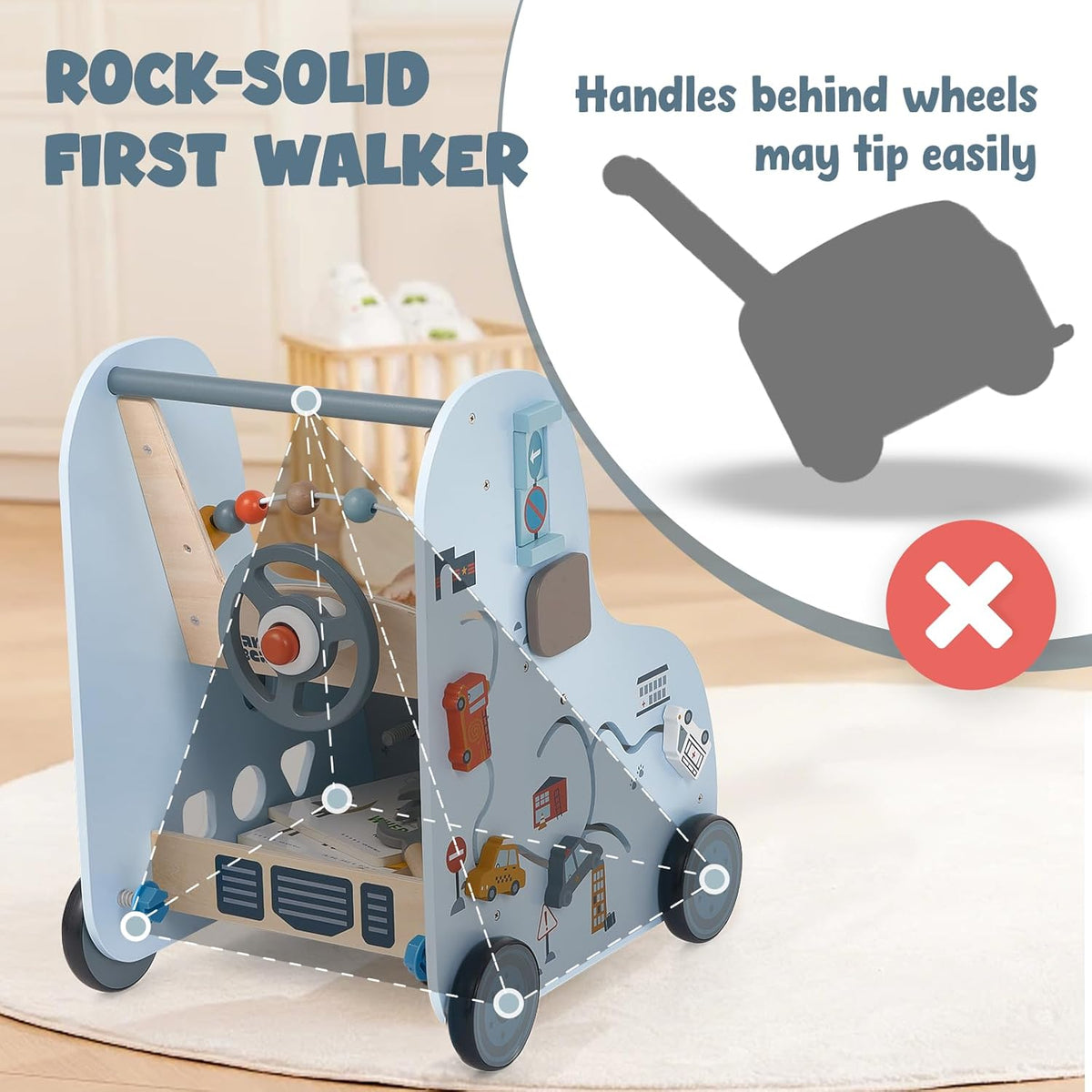 Baby Walker First Step Activity - Adjustable Speed Wooden Push Walker with Activity Center, Car Traffic & Tool Bench Theme: Shape Sorter, Steering Wheel, Gears, Beads - Montessori Learning Walking Toy for Toddlers 1 2 3 Years Old [Plus A Free Gift]