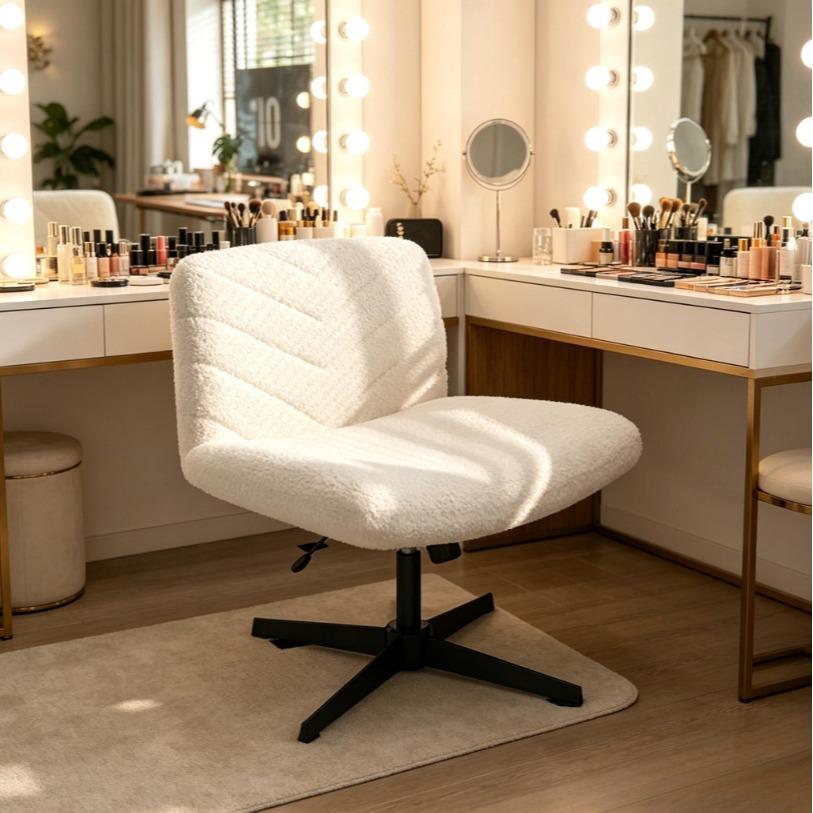 Armless Wide‑Seat Swivel Desk Chair, Adjustable Height X‑Base Mid‑Back Task Chair, Comfy Vanity Chair for Home Office, Study & Makeup