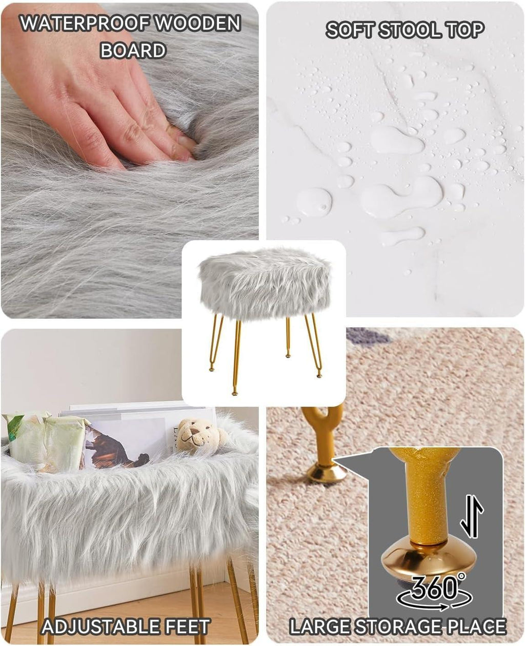 Rectangular Faux Fur Vanity Stool with Storage, Furry Makeup Chair Ottoman, Soft Padded Seat, Round Footrest Footstools with 4 Metal Legs, for Living Room Bedroom Entryway,