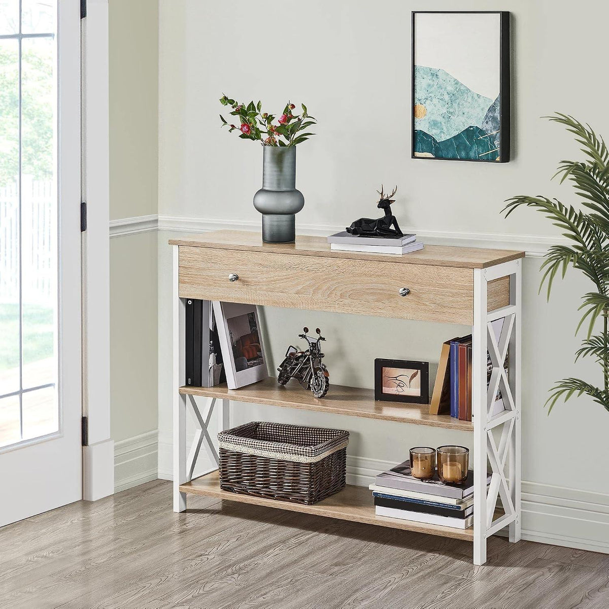 Industrial Vintage Console Table, MDF & Iron Frame Entryway Table with Drawer and 2 Open Storage Shelves, 3-Tier Narrow Sofa Side Table, Multifunctional TV Stand Accent Furniture for Living Room Hallway Bedroom Entryway