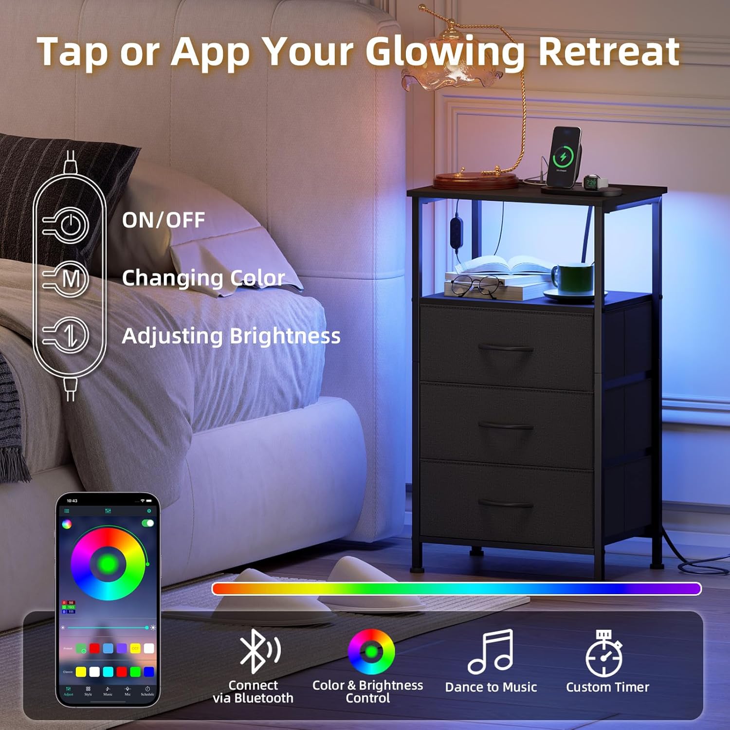 Multi-Functional USB Charging Chest with LED Light - 3 Drawer Bedside Table, Bedroom Storage Cabinet with 2 Outlets & 2 USB Ports, Charging Station for Dorm, Kids Room, Nightstand, Closet Organizer, Black [Plus A Free Gift]