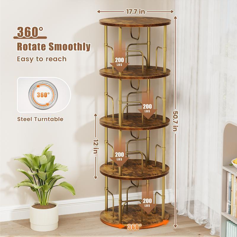 360° Rotating Bookshelf, 4-5 Tier Spinning Tower Bookcase, Round High-Capacity Storage Organizer, Space Saving Freestanding Book Shelf for Home Study Bedroom Office