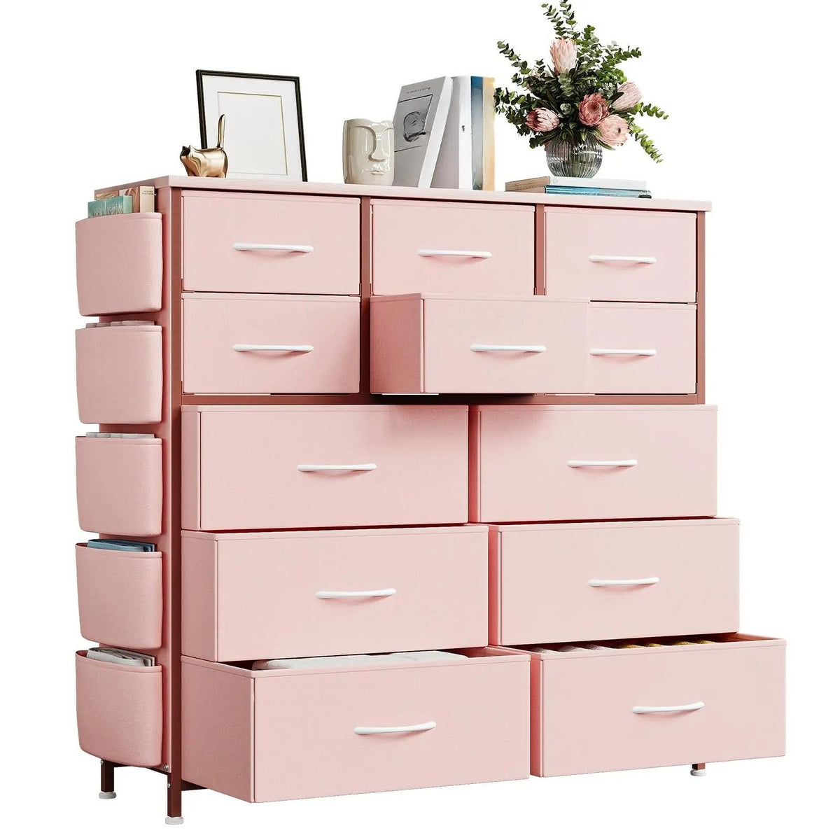 12‑Drawer Fabric Dresser for Bedroom, Chest of Drawers Storage Organizer with Side Pockets & Hooks, Sturdy Steel Frame Dresser Cabinet with Waterproof Wood Top, Multi‑Purpose Storage Unit for Closet, Hallway, Living Room Home Organization