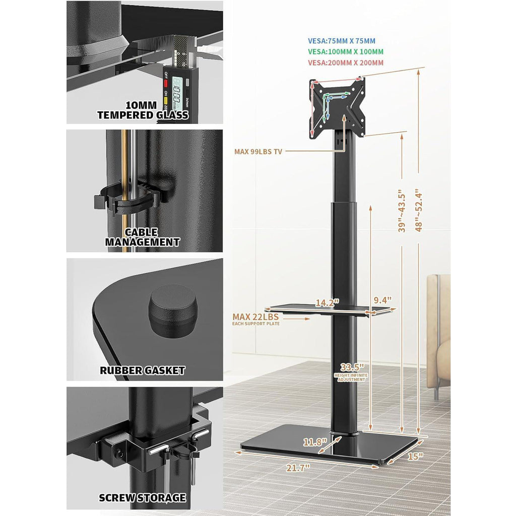 TV Stand with Swivel Mount – Universal Floor Stand for 19 to 43 inch LED LCD TVs, Adjustable Height, Sturdy and Easy to Install, Ideal for Living Room and Bedroom, Black