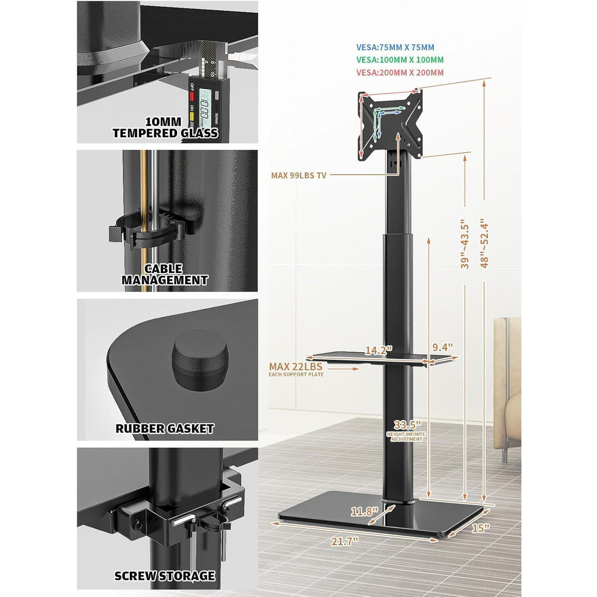 TV Stand with Swivel Mount – Universal Floor Stand for 19 to 43 inch LED LCD TVs, Adjustable Height, Sturdy and Easy to Install, Ideal for Living Room and Bedroom, Black