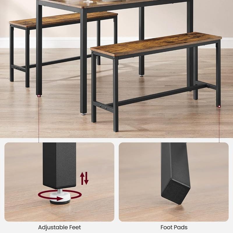 Industrial Dining Table Set with 2 Benches, Steel Frame Kitchen Table 110 x 70 cm, Benches 97 x 30 cm