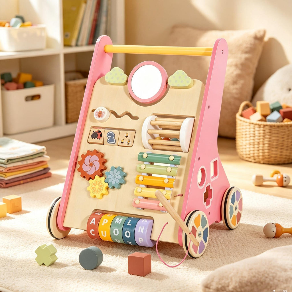 10-in-1 Wooden Toddler Push Walker, Multifunctional Educational Activity Learning Center with Silent Floor-Safe Rubber Wheels, Push-Along Walking Toy for Boys & Girls 12 Months+, Great Baby Gift