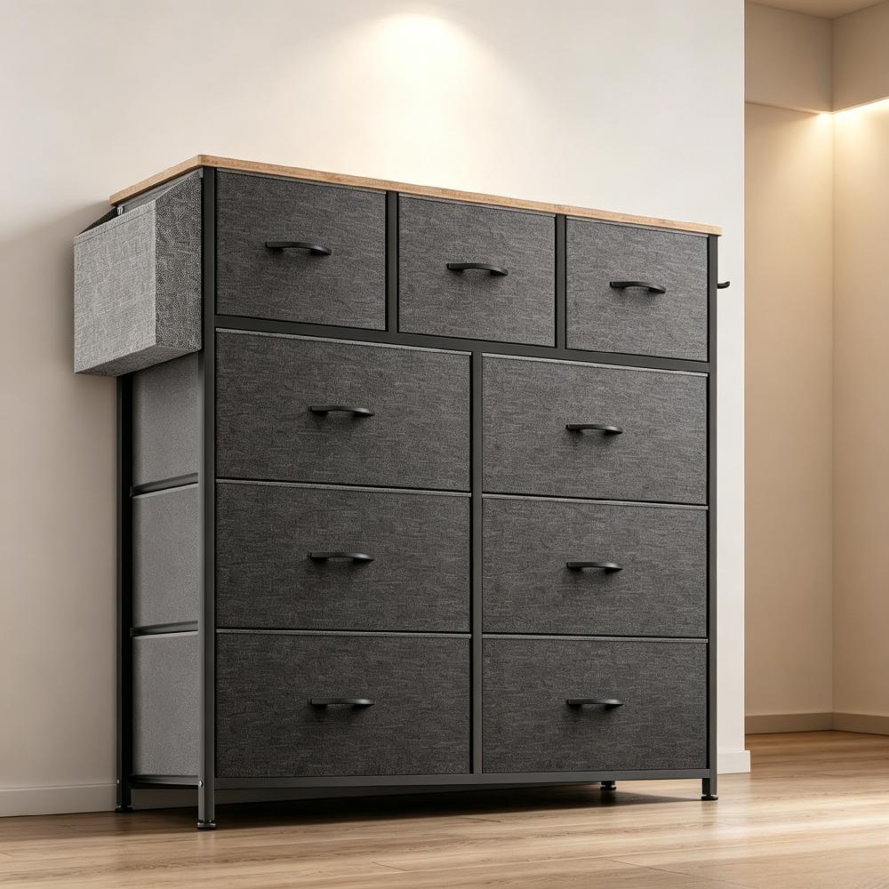 9 Drawers Metal Frame Dresser - Canvas Fabric Chest of Drawers with Label Cards, Side Pocket & Hook for Bedroom, Living Room, Hallway Storage Organizer [Plus A Free Gift]