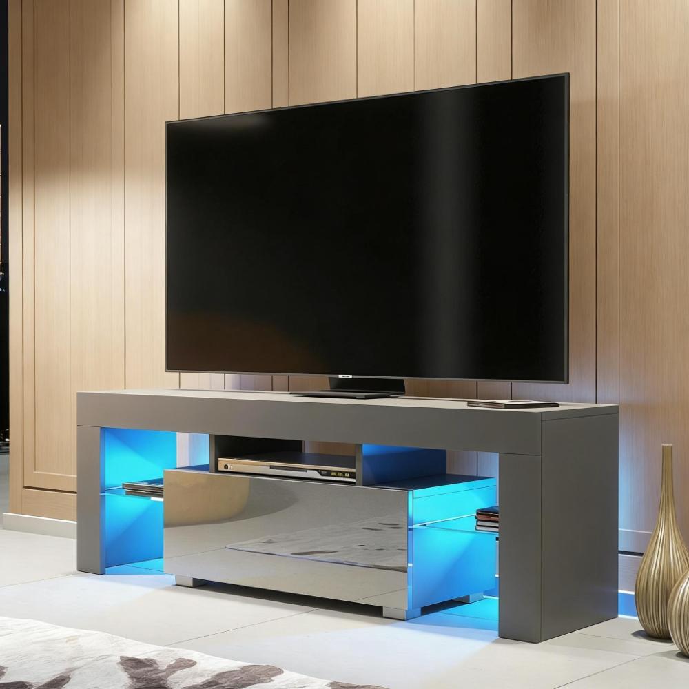 130cm Modern High Gloss TV Stand with LED Light & Glass Shelves Storage Cabinet [Plus A Free Gift]