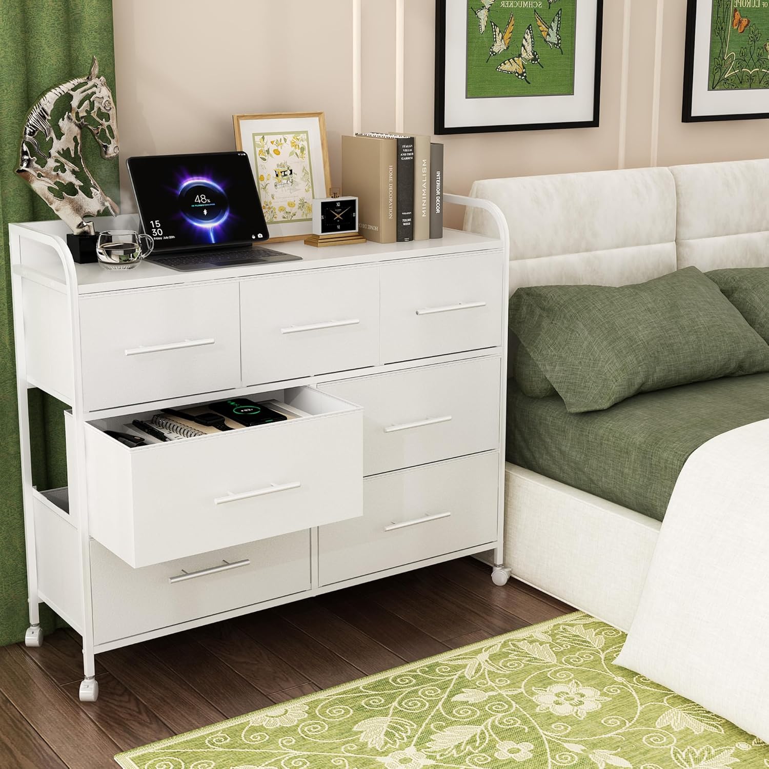 【NS】Bedroom Chest of Drawers, 7 Fabric Drawers, Clothing Storage Cabinet with 4 Castors, Wood Top and Metal Frame, for Living Room