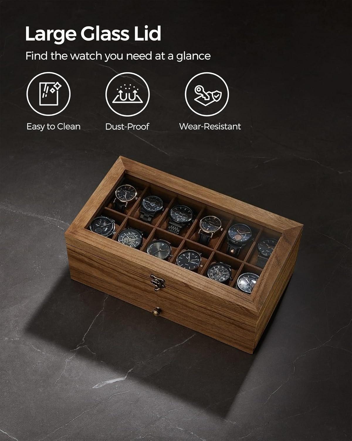 12-Slot Ink Black Wooden Watch Box with Glass Lid - 2-Tier Luxury Case for Men & Women | Velvet Lining & Watch Pillows, Stylish Jewellery Storage | Ideal Gift + FREE Gift Included | Organize Watches in Elegant Fashion