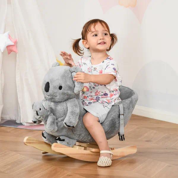 Cute Koala Toddler Rocking Animal Toy, Plush Ride‑On Rocker Chair with Sound & Detachable Puppet, Anti‑Tip Solid Wood Base with Safety Harness for Kids 18‑36 Months, Bedroom Play Gift