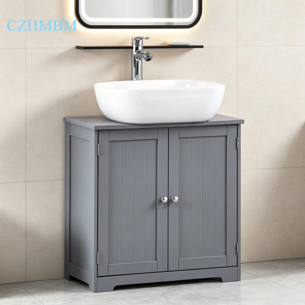 Grey Freestanding 2-Door Under-Sink Cabinet, Space-Saving Storage with Adjustable Shelves, Anti-Tip Kit & Sink Cut-Out, Modern Small Bathroom Unit, H60 x W60 x D30 cm [Plus A Free Gift]