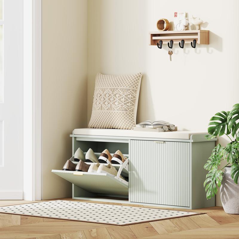 Slim Hallway Shoe Bench with Comfort Padded Linen Seat & 2 Flip-Top Storage Drawers, Heavy Duty Solid Wood Leg Shoe Cabinet Organizer, Anti-Skid Foot Design Narrow Entryway Shoe Storage Bench for Apartment Porch Home