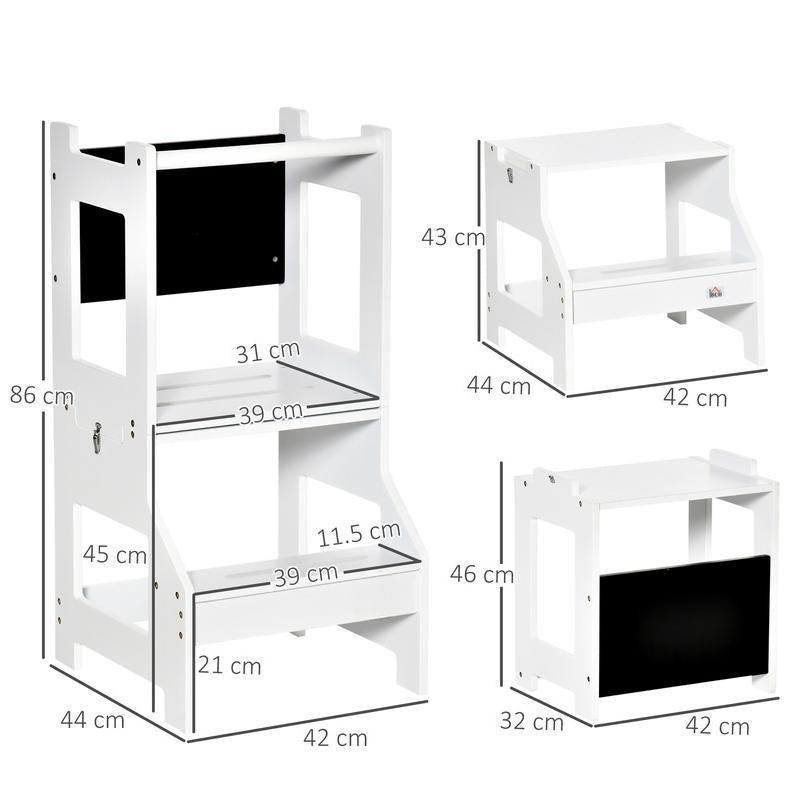 3 in 1 Kids Kitchen Step Stool with Safety Rail, Convertible Toddler Learning Tower with Chalkboard, Anti-Slip Montessori Standing Tower Helper for Kitchen Counter, Bathroom Sink, White