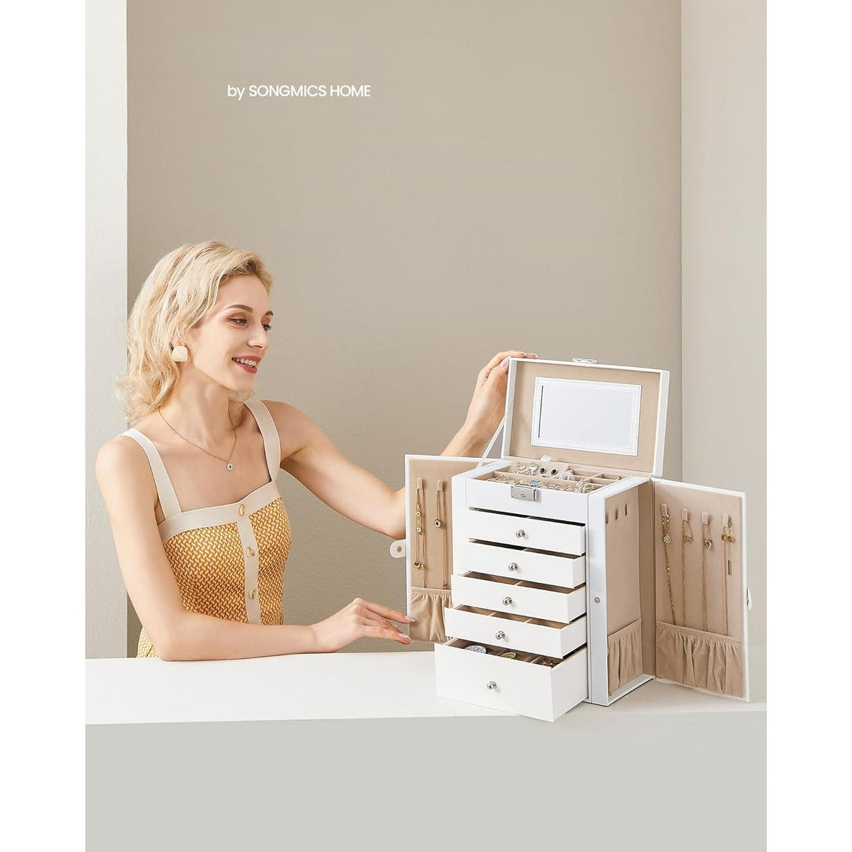 Large 6-Tier Jewellery Organiser with Lock and Mirror, 5-Drawer Watch and Accessory Storage Box, Vanity Case for Necklaces Rings Bracelets Earrings [Plus A Free Gift]