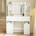 【NS】Dressing Table with Mirror, Vanity Table with Adjustable Brightness, Power Strip, 4 Drawers and 2 Open Cabinets, 5 Jewelry Hooks, Open Compartments, White,