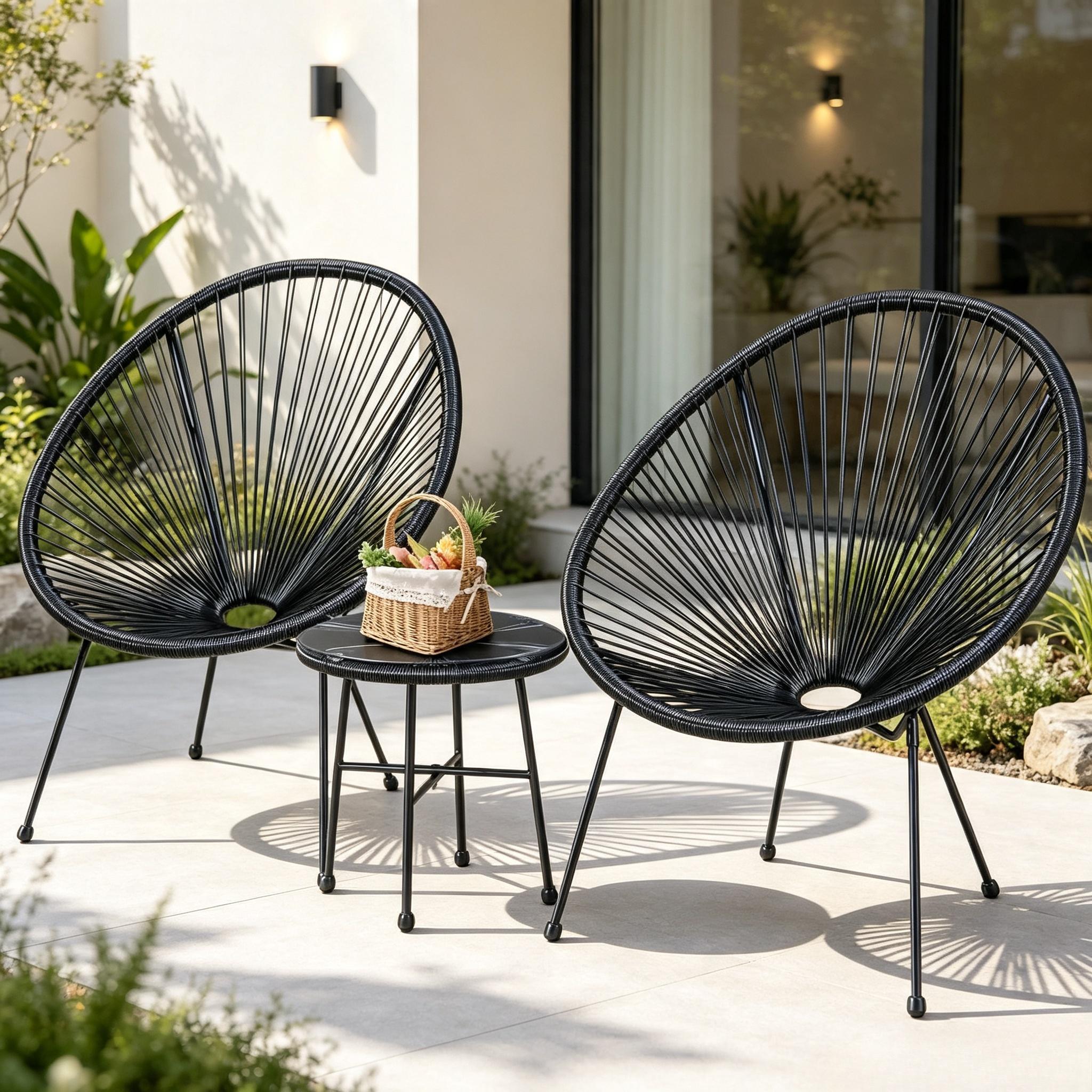 3-Piece Egg Chair Lounge Set, Ergonomic Woven String Patio Chair with Tall Enveloping Backrest, Sturdy Steel Frame & Tempered Glass Side Table, Waterproof PE Outdoor Indoor Furniture for Garden Patio Conservatory, Black