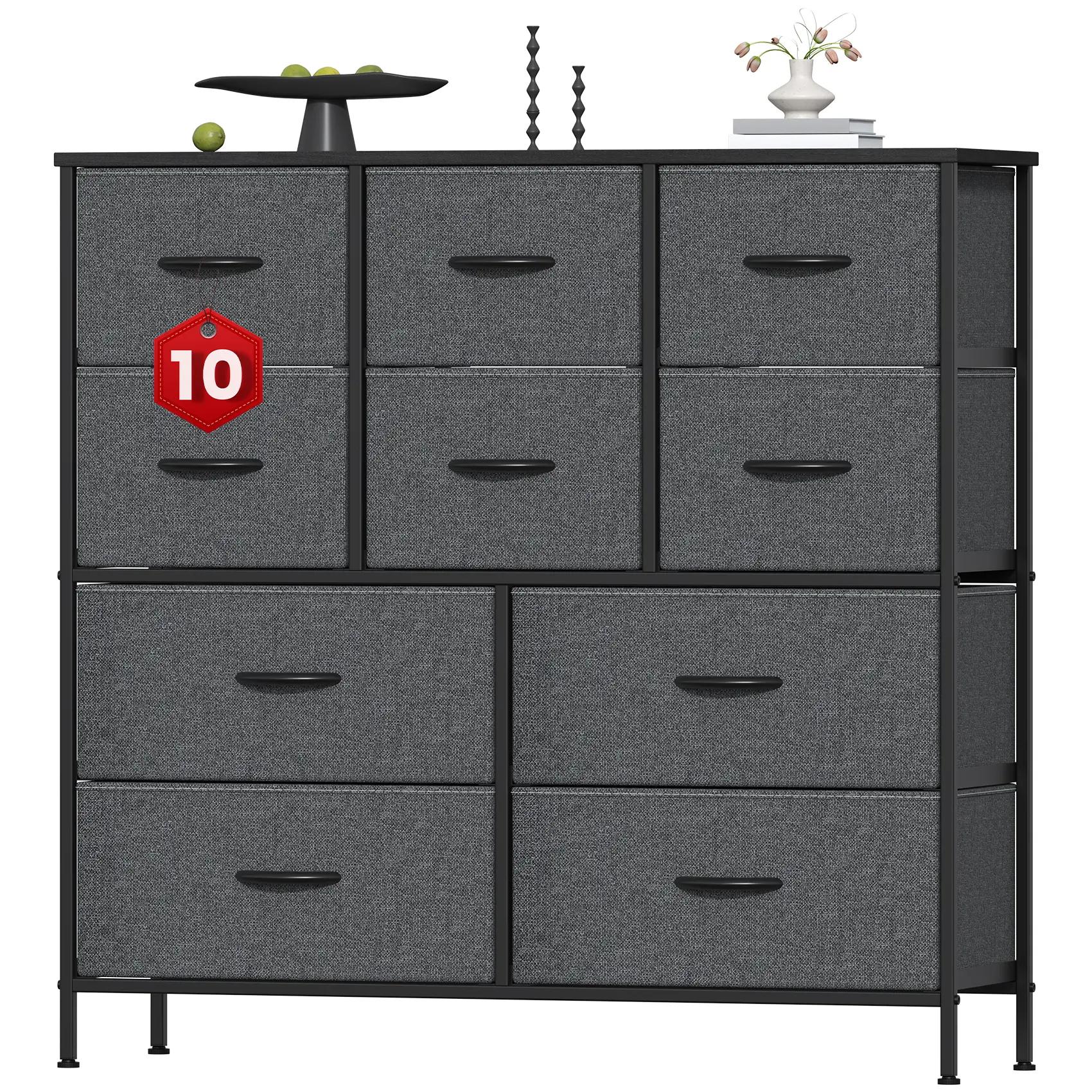 10-Drawer Fabric Storage Tower with Metal Frame & MDF Top, Non-Woven Organiser for Bedroom, Living Room, Hallway – Beige/White/Wood Tone (100x30x97cm)
