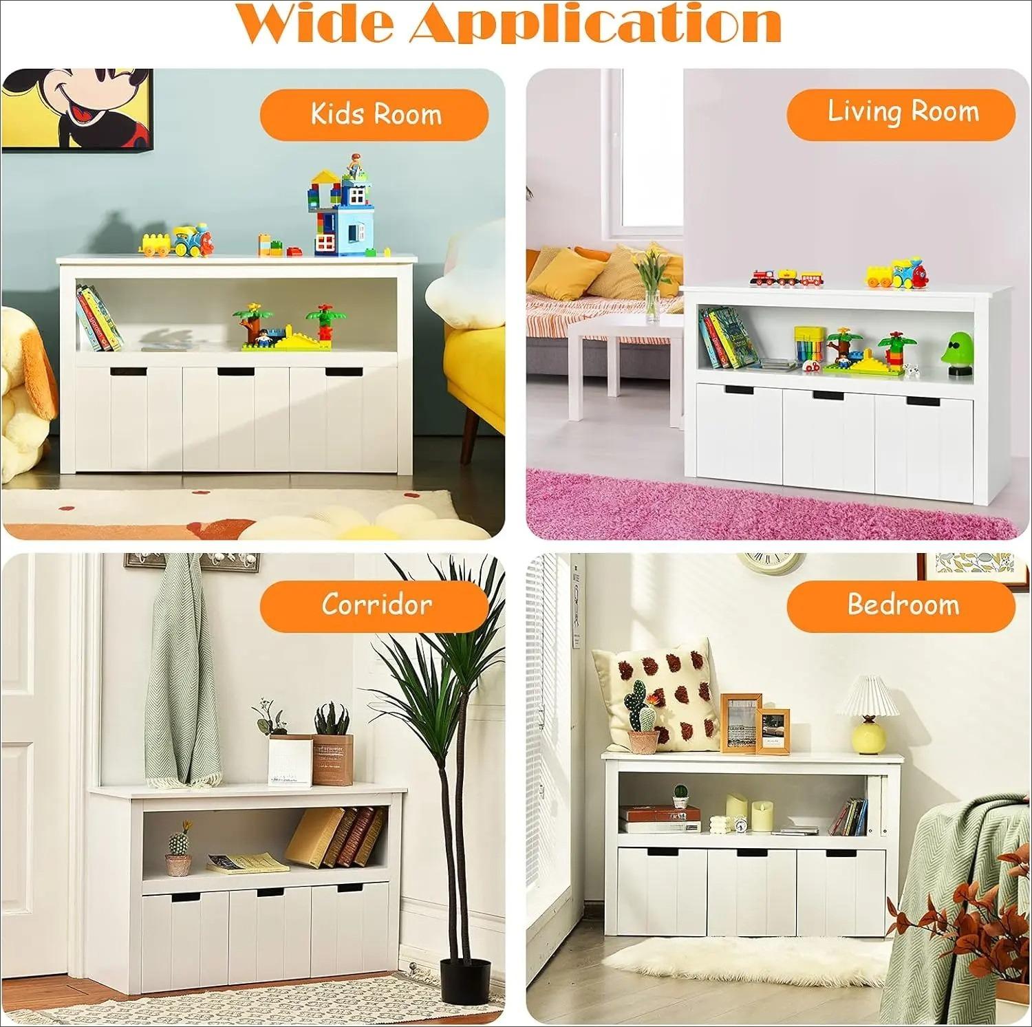 Kids Toy Storage Cabinet, Wooden Playroom Storage Chest with Wheel Drawers & Large Open Shelf, 2‑in‑1 Multi‑Functional Kids Storage Organizer for Toys Books Clothes, Activity Table for Boys Girls Bedroom Playroom