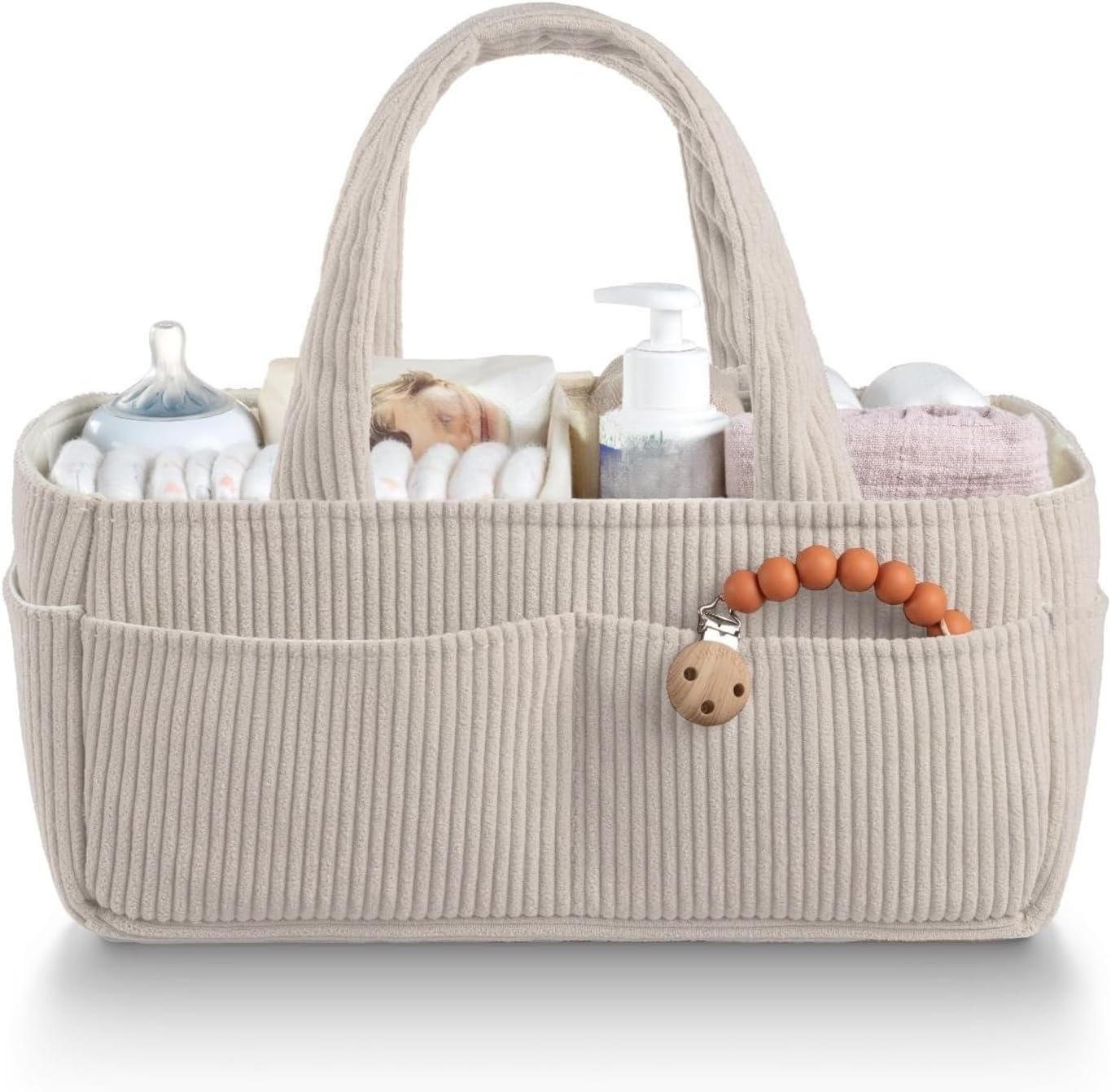 Baby Diaper Caddy Organizer for Changing Table – Stylish Nursery Storage Basket, Newborn Essentials, Baby Shower Gifts and Registry Must-Haves for Boy or Girl, Car Diaper Caddy, Corduroy Mocha