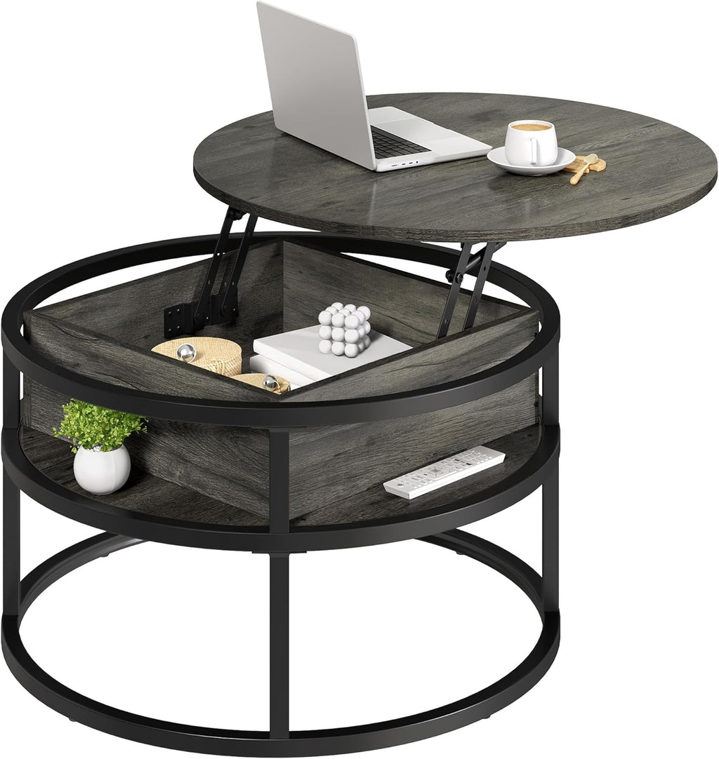 Round Lift Top Coffee Table for Living Room, Rustic Wooden Center Table with Hidden Storage Compartment & Side Open Shelves, Multifunctional Lift‑Up Dining Work Table for Small Space Apartment Home Office