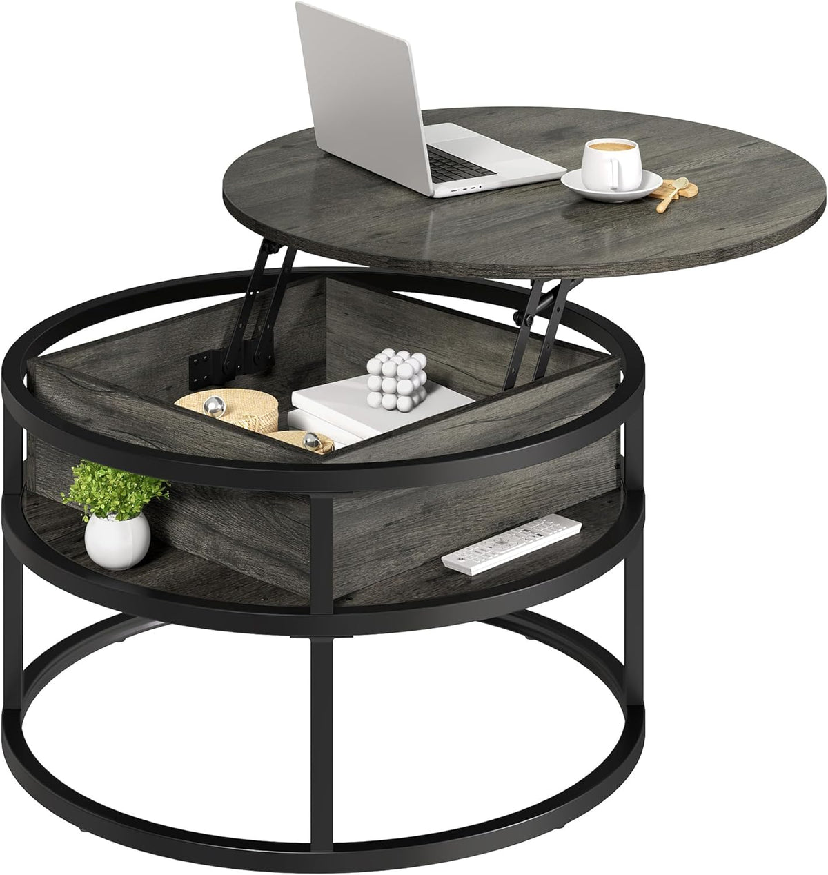 Round Lift Top Coffee Table for Living Room, Rustic Wooden Center Table with Hidden Storage Compartment & Side Open Shelves, Multifunctional Lift‑Up Dining Work Table for Small Space Apartment Home Office