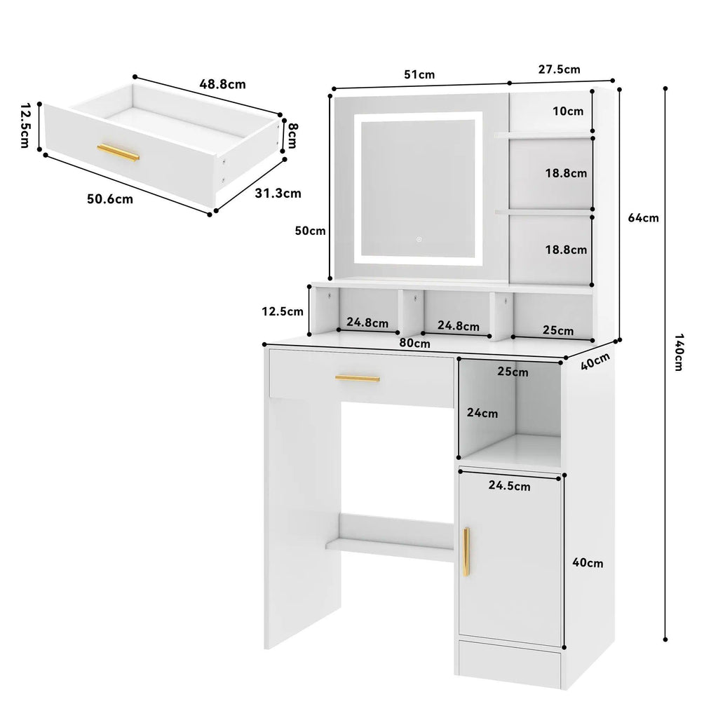 Modern Dressing Table, Vanity Desk with LED Lighted Mirror & Drawers, Touch‑Control 3 Color Modes Brightness Adjustable Makeup Table, Large Open Storage Shelves Cabinet, Cosmetic Vanity Desk for Bedroom