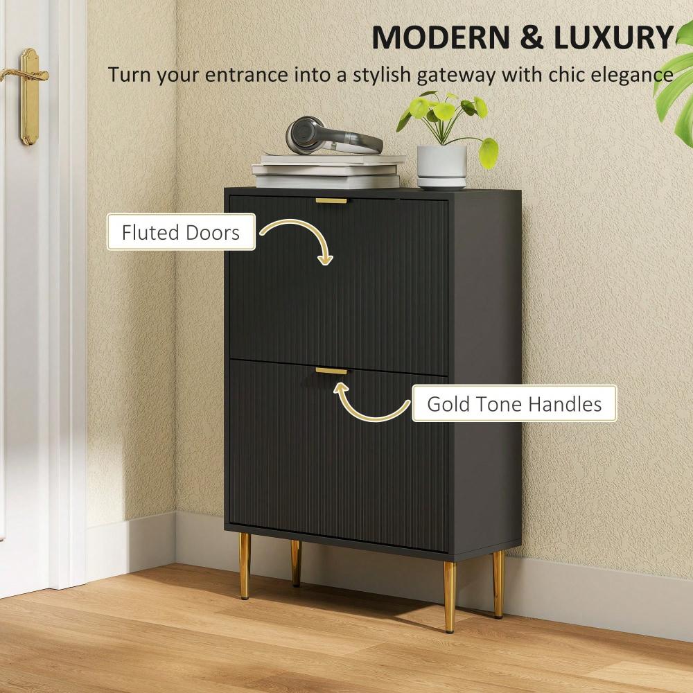 Narrow 2-Drawer Flip Shoe Cabinet, Space-Saving Slim Storage Unit with Fluted Front Panels, Adjustable Shelves & Sturdy Build, Ideal for Hallway Entryway, Fits Up to 12 Pairs of Shoes [Plus A Free Gift]