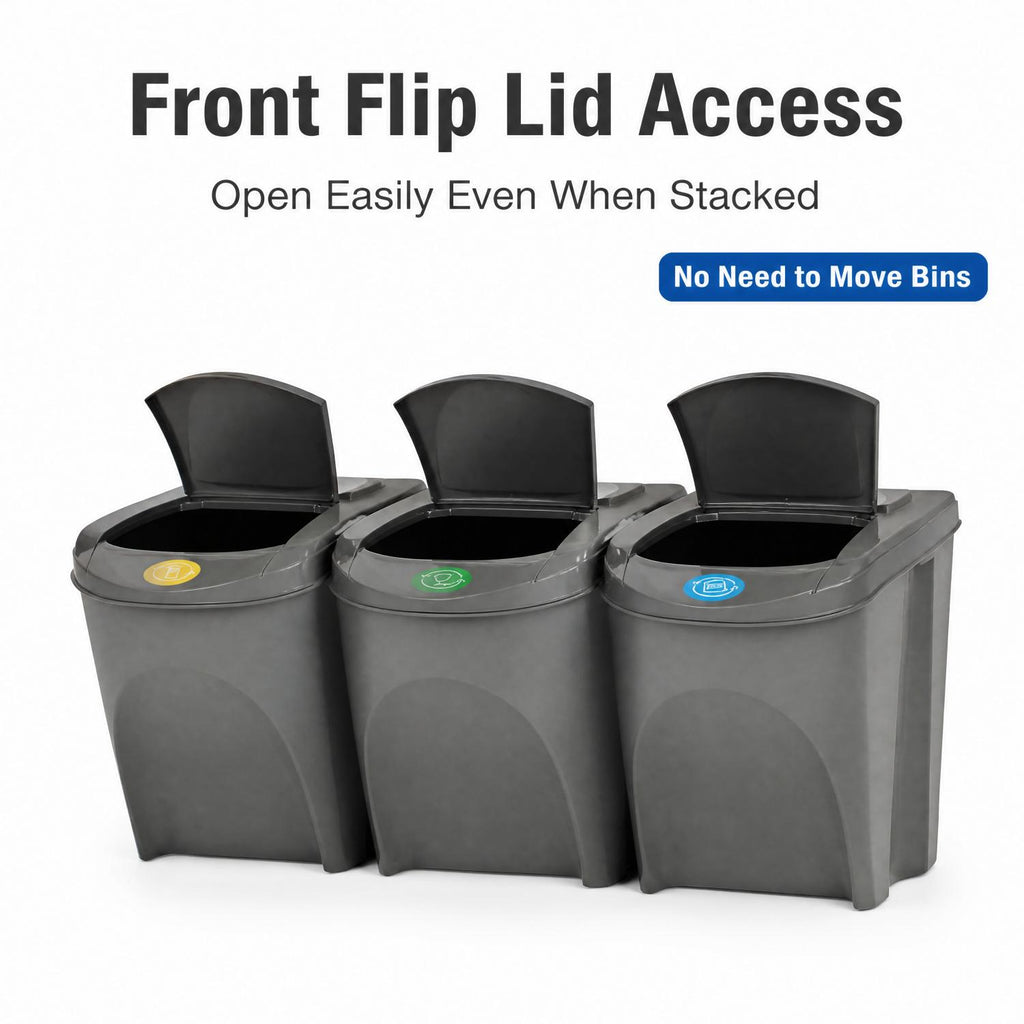 3‑Pack Stackable Recycling Bins – 25L Each with Secure Lids, Colour‑Coded Sticker Labels, Space‑Saving Design for Kitchen, Office, or Garden Waste – Total 75L Storage Capacity in Sturdy Grey Plastic