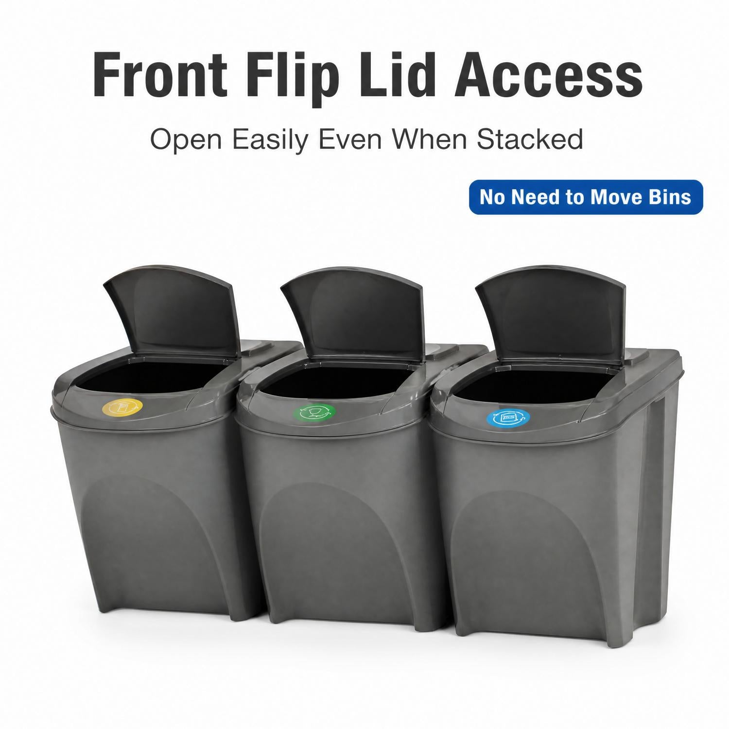 3‑Pack Stackable Recycling Bins – 25L Each with Secure Lids, Colour‑Coded Sticker Labels, Space‑Saving Design for Kitchen, Office, or Garden Waste – Total 75L Storage Capacity in Sturdy Grey Plastic