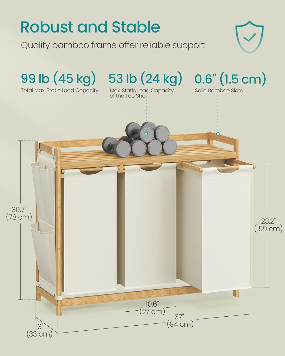`Cream‑White Compartment Bamboo Laundry Sorter Hamper, Laundry Storage Organizer with Top Shelf, Removable Laundry Bags & Side Storage Pockets for Bathroom & Laundry Room`