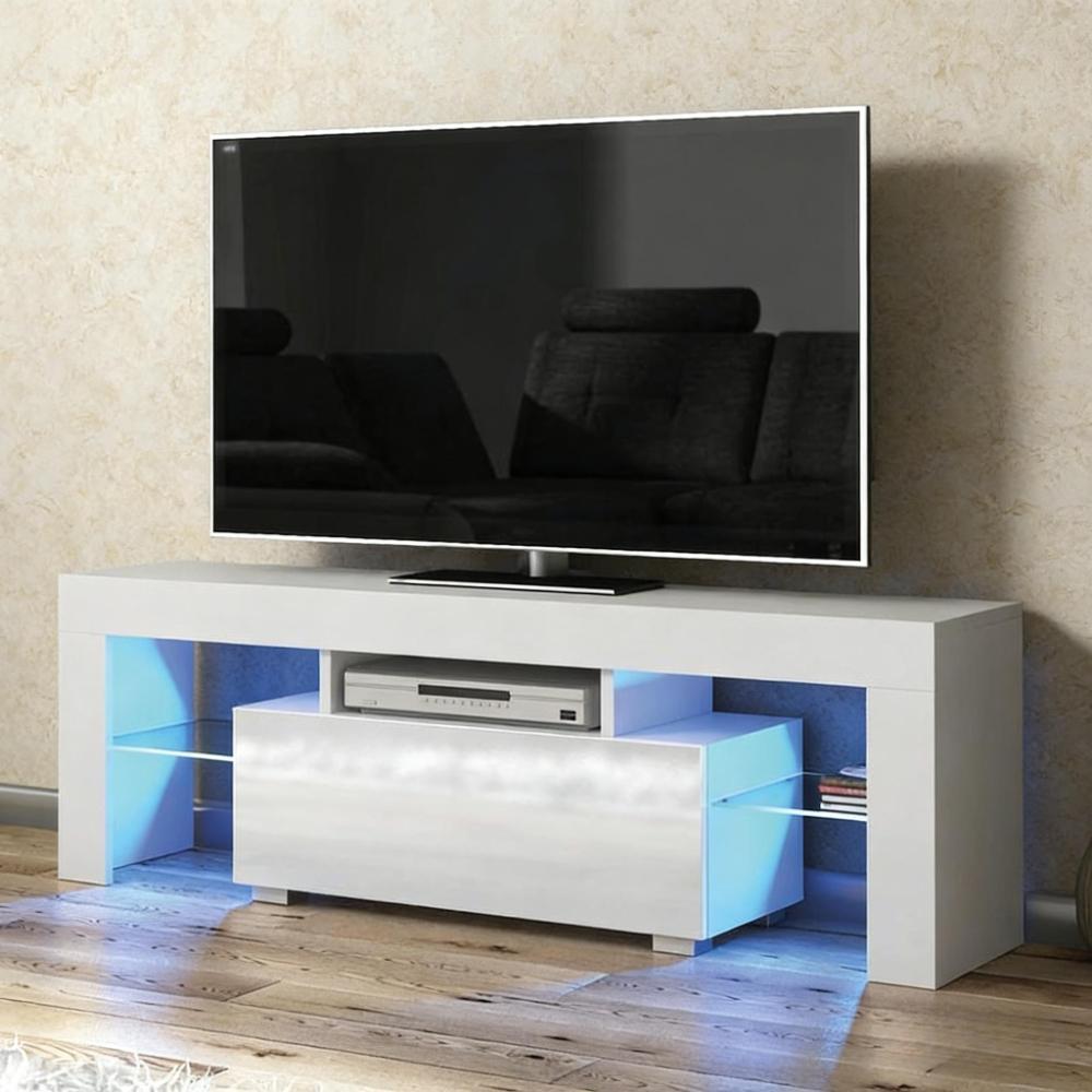 130cm Modern High Gloss TV Stand with LED Light & Glass Shelves Storage Cabinet [Plus A Free Gift]