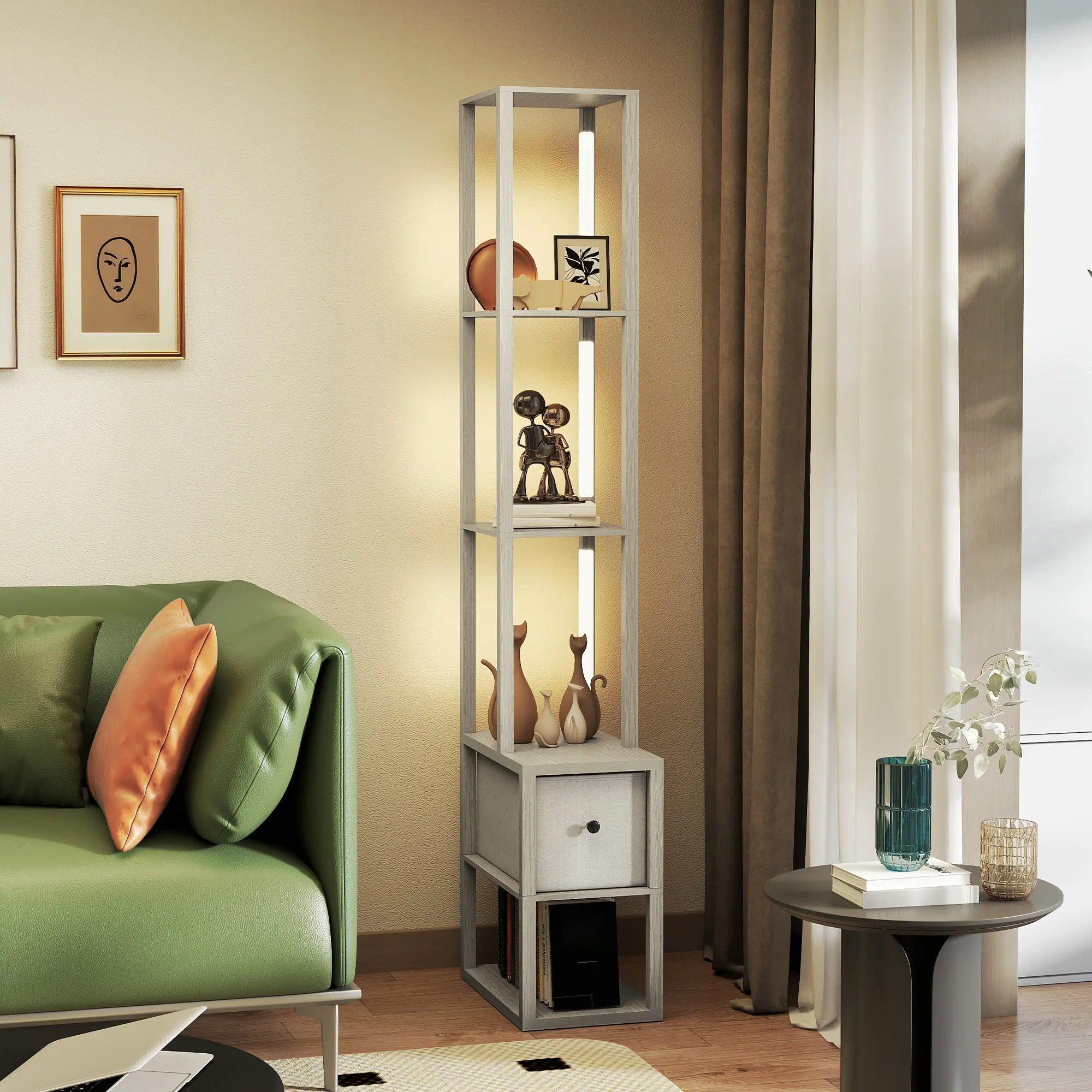 Modern Column Floor Lamp, LED Standing Lamp with Multi‑Tier Storage Shelves & Fabric Drawer, 3‑Level Adjustable Brightness with Foot Switch, Tall Display Lamp for Living Room, Bedroom, Study & Home Office