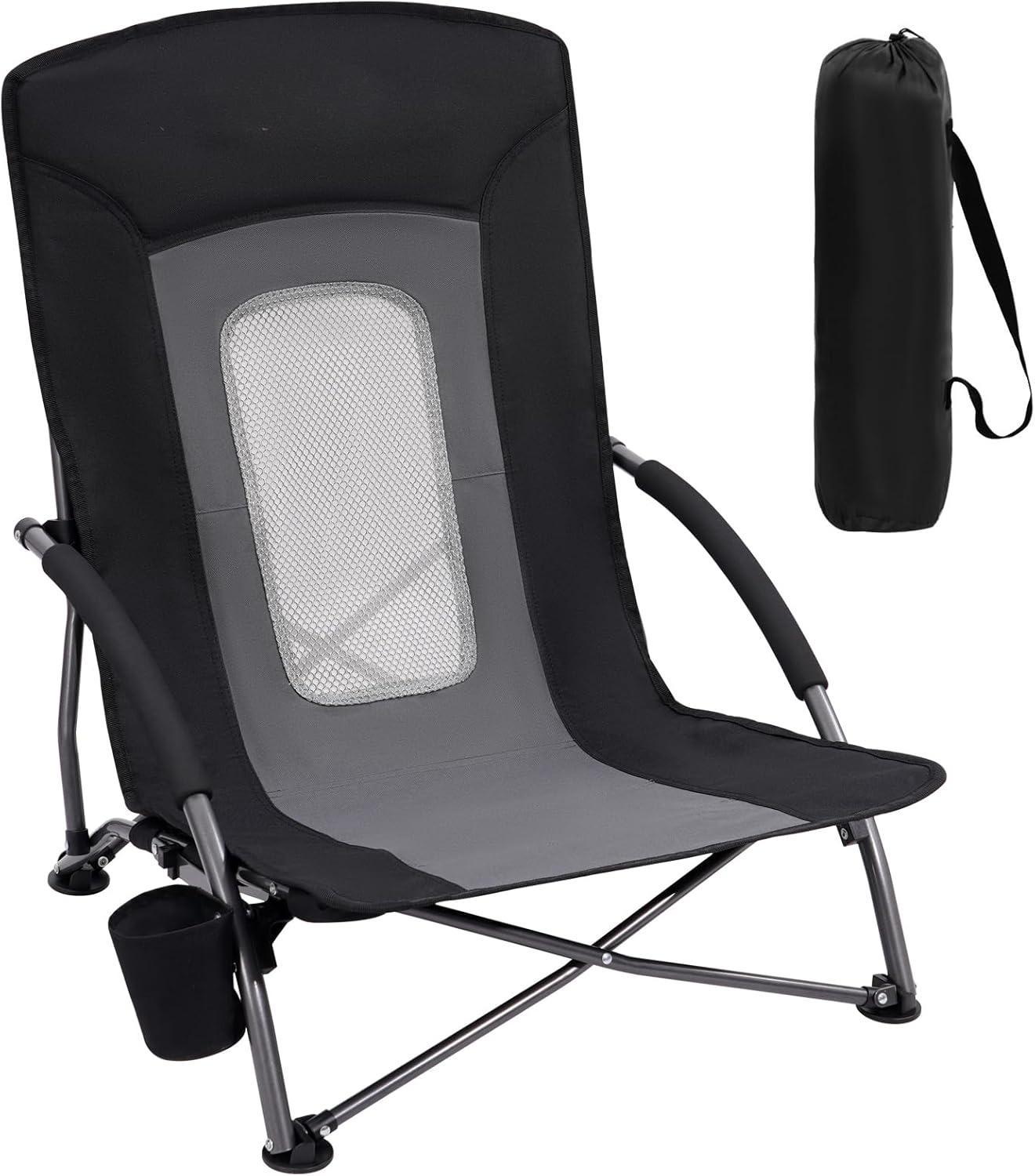 CZHMBM Folding Beach Chairs Low Lightweight Portable for Adults Foldable Beach Seat Camping Festival Picnic Deck Chair Outdoor Collapsible with Cupholder Mesh Back Padded Armrests Supports 150KG