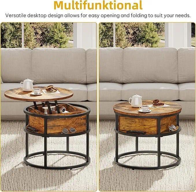 Round Lift Top Coffee Table for Living Room, Rustic Wooden Center Table with Hidden Storage Compartment & Side Open Shelves, Multifunctional Lift‑Up Dining Work Table for Small Space Apartment Home Office