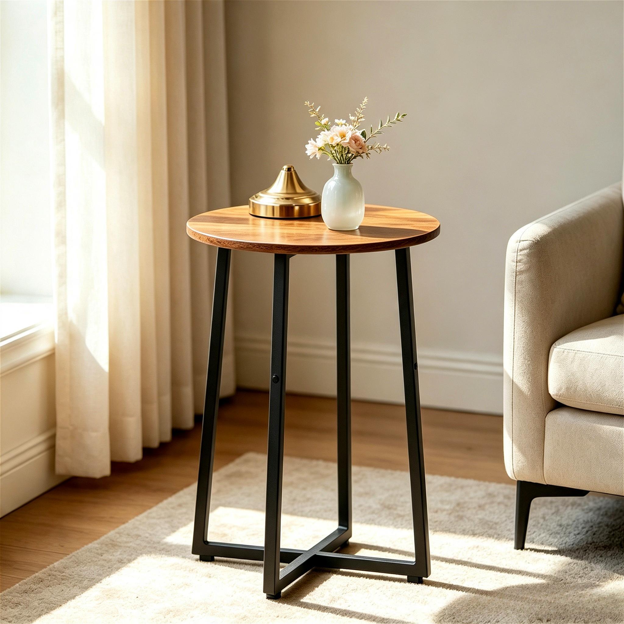 Industrial Round End Table, Small Bedside Nightstand with X‑Shaped Metal Frame, Multifunctional Accent Side Table, Plant Stand for Living Room, Bedroom & Hallway