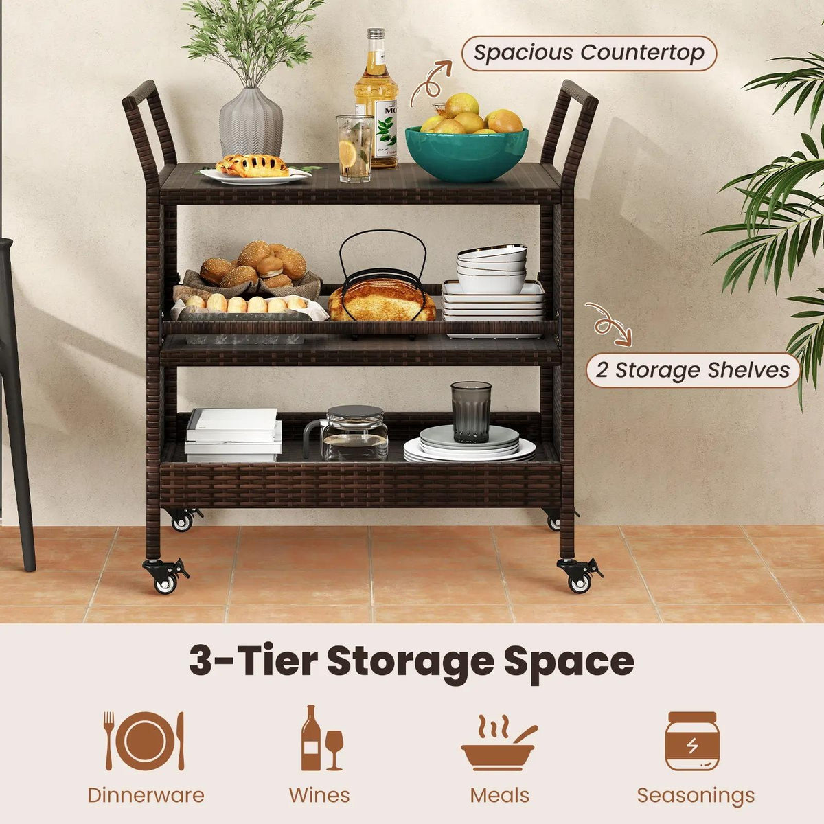 Outdoor Bar Cart, 3‑Tier Patio Rattan Serving Cart with Lockable Universal Wheels, Side Handles & Anti‑Fall Baffles, Versatile Rolling Storage Shelf for Backyard Poolside Porch Party Beverage Dinnerware Organizer