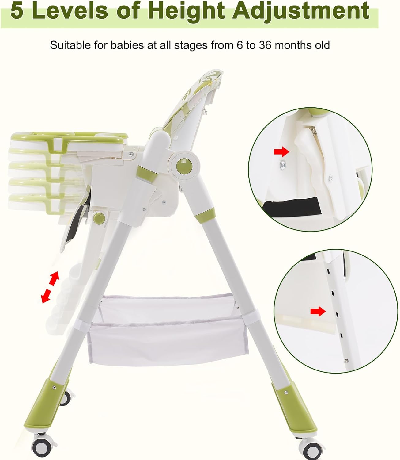 Adjustable Luxury Foldable Highchair - 5-Position Height, 3 Recline & Easy-Clean Tray | Grow-with-Me Baby Chair from 6 Months to 3 Years [Plus A Free Gift]