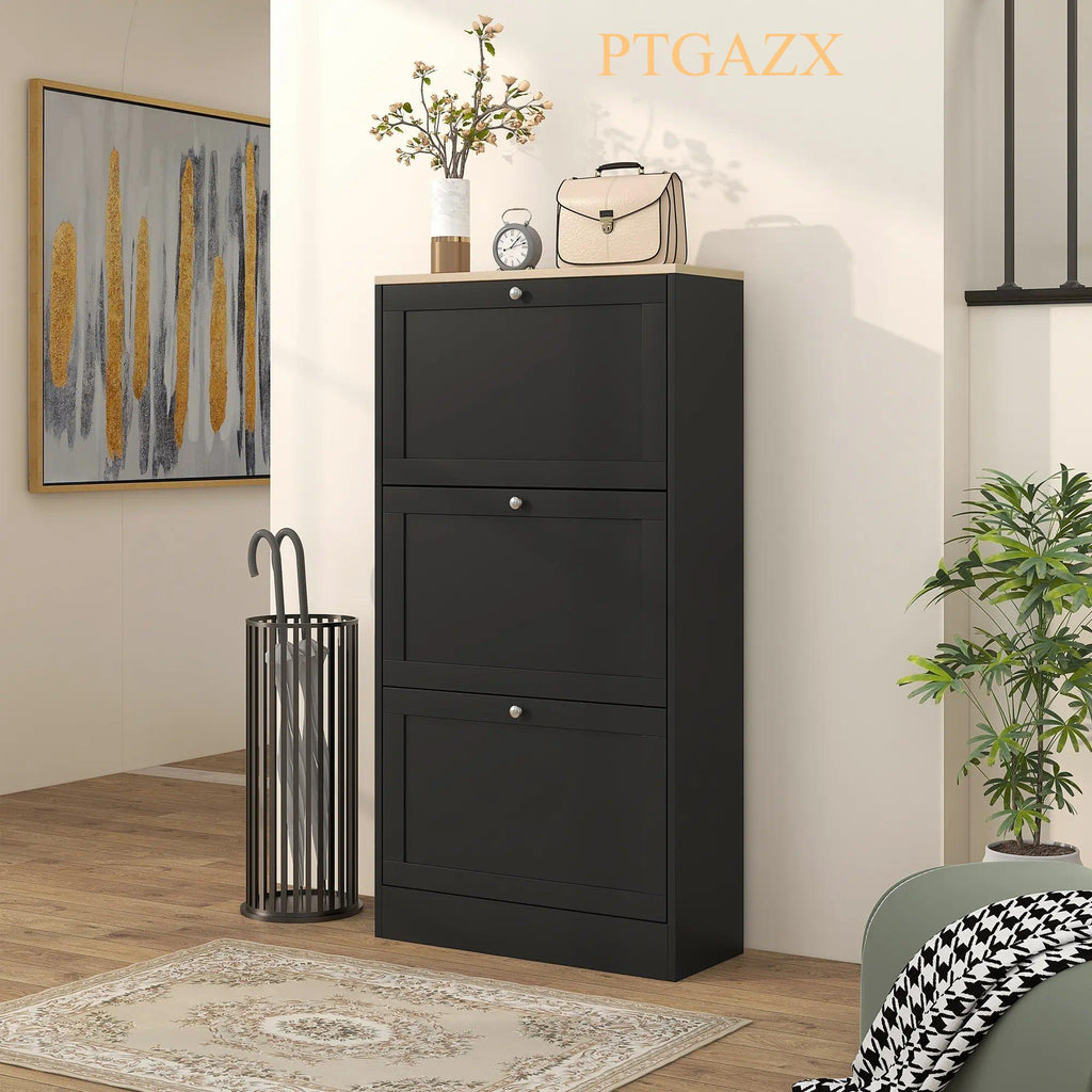 Black Slim Freestanding Shoe Cabinet, 3 Flip-Tilt Drawers Narrow Hidden Shoe Storage Organizer with Adjustable Shelf, Holds 12-18 Pairs of Shoes, Space-Saving Shoe Rack for Entryway, Hallway, Bedroom Home Furniture