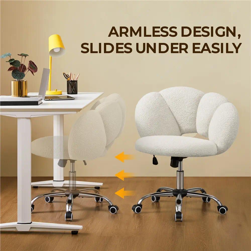 White Boucle Cloud-Shaped Desk Chair | Swivel Makeup Vanity Stool with Wheels & Adjustable Height | Soft Upholstered Home Office Accent Chair for Bedroom Living Room [Plus A Free Gift]