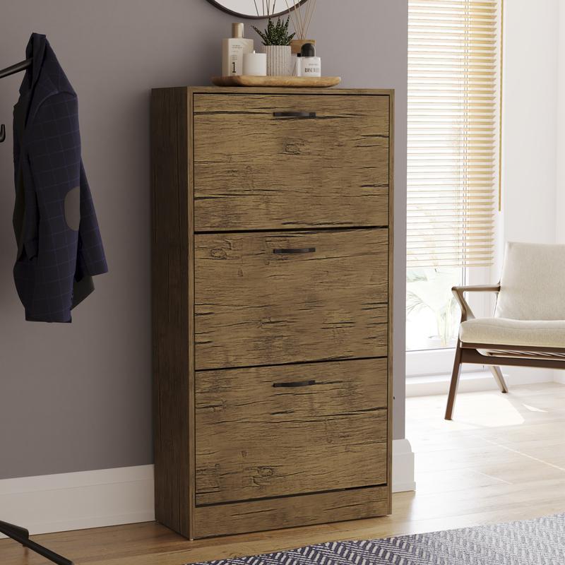 3 Drawer Shoe Cabinet Cupboard Storage Organiser Pull-Down Wooden Hallway Furniture Unit with Stainless Steel Handles Compact Durable Space-Saving Racks