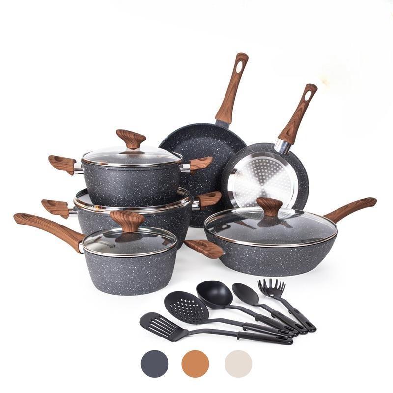 CZHMBM  Non Stick Pots and Pans Set Induction Hob Compatible Cookware with Lids Heat Resistant Easy Clean Durable Kitchenware for Home Cooking Copper Finish Wooden Handles - Oil
