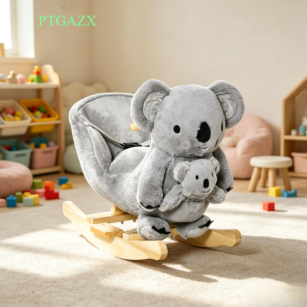 Cute Koala Toddler Rocking Animal Toy, Plush Ride‑On Rocker Chair with Sound & Detachable Puppet, Anti‑Tip Solid Wood Base with Safety Harness for Kids 18‑36 Months, Bedroom Play Gift