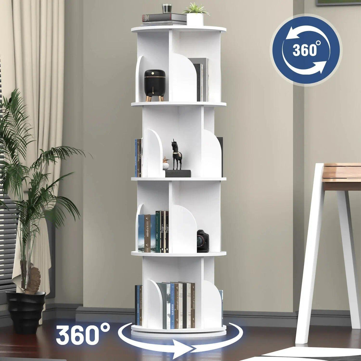 360° Rotating 4-Tier Bookshelf, Space-Saving Spinning Book Tower with Open Display Shelves, Freestanding Storage Rack for Living Room Bedroom Study Home Office, Easy Assembly Sturdy Floor Unit [Plus A Free Gift]