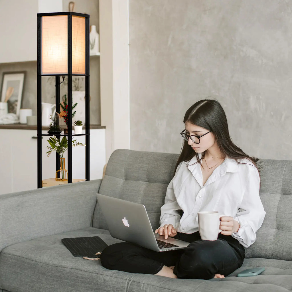 Neviland Floor Lamps with Shelves for Living Room, 3 Layers Morden Standard Lamp with LED Light for Bedroom, Office, Black/Wood/ Gray-brown[Energy Class A]A suitable gift for friends and family on holidays or for moving. Valentine's Day gift
