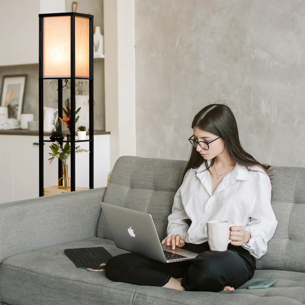 Neviland Floor Lamps with Shelves for Living Room, 3 Layers Morden Standard Lamp with LED Light for Bedroom, Office, Black/Wood/ Gray-brown[Energy Class A]A suitable gift for friends and family on holidays or for moving. Valentine's Day gift